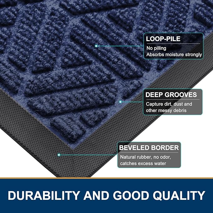 Smiry Front Door Mat Outside Entrance, Heavy Duty Sturdy Natural Rubber Doormat, Trap Dirt and Moisture, Easy Clean Low Profile Mats for Indoor Outdoor Entry, Grid Geometric (47x24, Navy Blue)