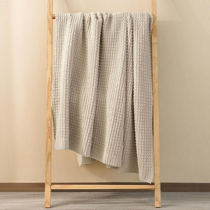 PHF Chenille Waffle Knit Blanket Twin Size- Plush Warm & Cozy 60" x 80" Ultra Soft Blanket- Chunky Fluffy Waffle Bedding for Home Decor - Natural