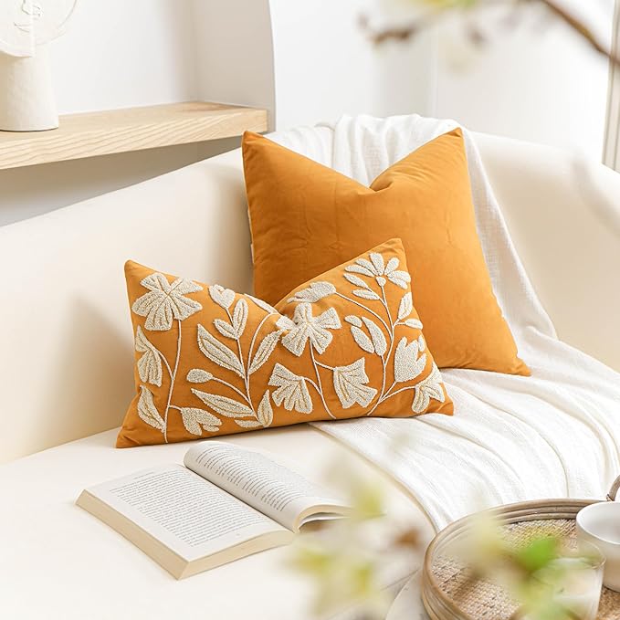 BlissBlush Fall Throw Pillow Cover 12x20, Yellow Mustard Soft Velvet Floral Decorative Lumbar Accent Throw Pillowcase, Tufted Farmhouse Textured Pillowcase for Couch Sofa Bed Living Room Home Décor