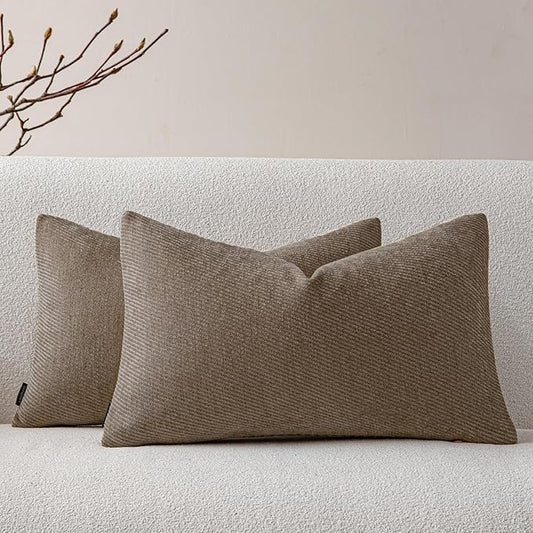 a moment Pack of 2 Decorative Chenille Throw Pillow Covers with Twill Cushion Covers for Sofa Living Room Couch Bed 12x20 Inch Dark Brown