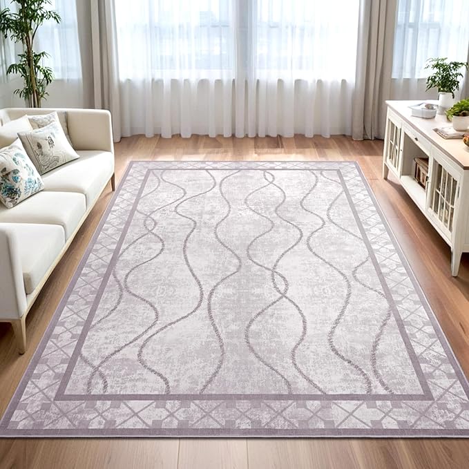 4x6 Area Rugs for Living Room Bedroom, Machine Washable Low Pile Rugs, Non Slip Modern Bordered Print Indoor Carpet for Entryway Office Dining Room Dorm Home Decor, Purple