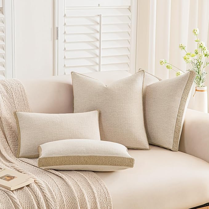 a moment Loop Yarn Linen-Like Pillow Cover Natural Soft Decorative Throw Pillow Case Farmhouse 18x18 Inch, Bohemian Textured Cushion Cover for Sofa Bed, Wrinkle-Resistant Home Decor Beige