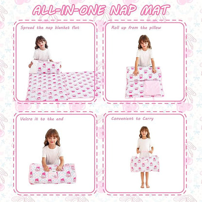 Toddler Nap Mat with Pillow and Blanket, Extra Large Rolled Napping Mats,Slumber Bags for Boys Girls,Kids Sleeping Bag for Daycare, Preschool Travel Camping