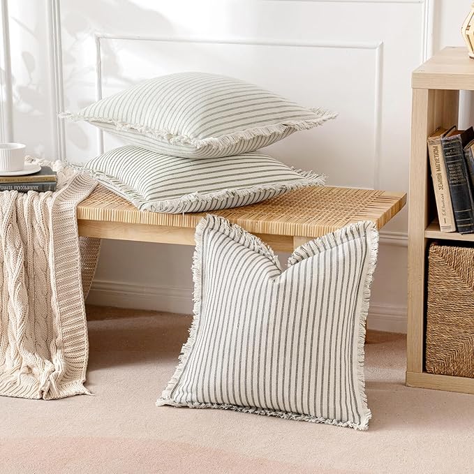 MIULEE Pack of 2 Olive Green Christmas Pillow Covers 26x26 Inch Striped Farmhouse Couch Throw Pillow Covers with Fringe Chic Linen Decorative Cushion Eruo Sham for Sofa Room Bed Outdoor Home Decor