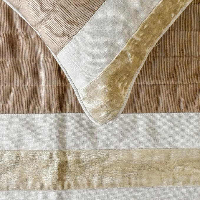 The HomeCentric King/Queen/Twin Beige Designer Queen 74"x18" Bed Runner Without Pillow Cover, Velvet & Patchwork Bed Scarf on Velvet Fabric - Luxe Velvet Lines