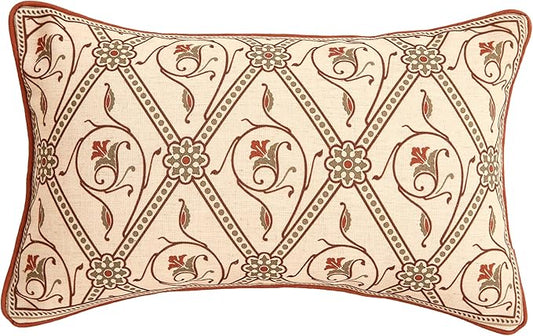 ISAENNE Design Linen Lumbar Vintage Throw Pillow Covers 12"x20",Red Euro Cushion Covers with Orange Floral Green Leaves Pattern Decor Pillowcases for Bed,Living Room,Outdoor,Car