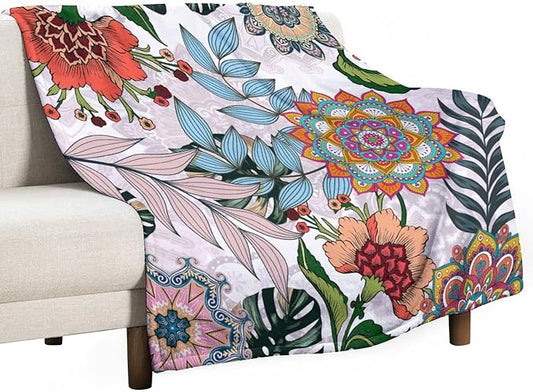 Boho Flowers Blanket for Women Girls, Rustic Bohemian Mandala Palm Leaves Plants Botanical Print Blanket for Bedroom Living Room Couch Sofa, 50"x60"