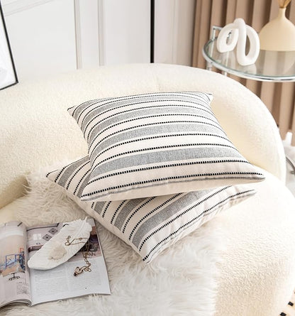 Decorative Boho Throw Pillow Covers, Farmhouse Textured Pillow Case, 18 x 18 Inch Set of 2, Chair Sofa Bedroom Living Room Home Decor Couch Cushion Case, Black and Beige Striped