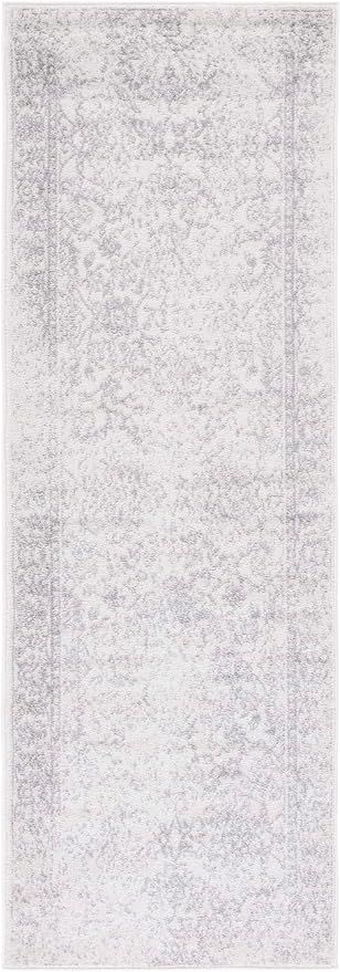 SAFAVIEH Adirondack Collection Runner Rug - 2'6" x 14', Ivory & Silver, Distressed Vintage Floral Design, Non-Shedding & Easy to Clean, Ideal for Hallway, Foyer, Entryway, Bedroom (ADR109C)