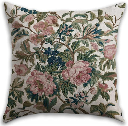 Vintage Floral Throw Pillow Covers, Vintage Flower Pattern Double Sided Cushion Cover, Indoor and Outdoor Home Art Decor Pillowcase for Sofa or Bedroom Decor 18x18inches (Green&Pink, 18x18inches)