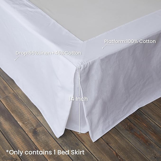 BISELINA French Linen Wrap Around Bed Skirt with Pleated Corner 14-Inch Tailored Drop Natural Flax Cotton Blend Basic Soft Cozy (14" Queen, White)