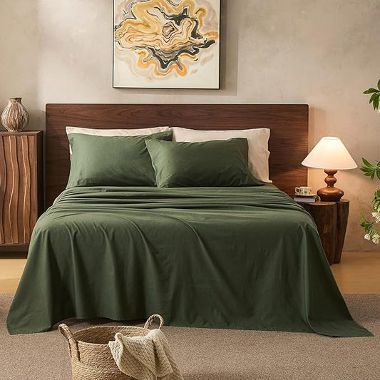 100% Linen Sheets Queen Size,Breathable & Durable 4-Piece Bed Flax Sheet Set,Soft All-Season Bedding for Hot Sleepers 16" Deep Pocket Oeko-TEX Certified,（Queen, Forest Green）