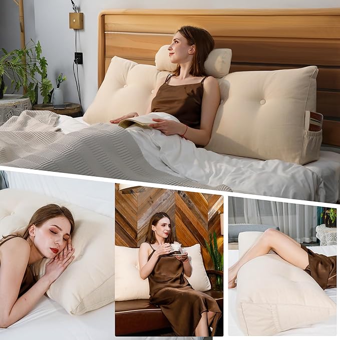 Headboard Pillow King Size, Triangular Wedge Backrest with Removable Head Roll & Side Pocket, 100% Linen Reading Pillow for Bed, Couch, Floor - Ergonomic Support for Neck, Back, White Beige
