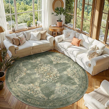 jinchan Round Rug 7ft Area Rugs, Vintage Floral Distressed Design Machine Washable Soft Non-Slip Low-Pile Ultra-Thin Christmas Circle Rug for Living Room Dining Room Home Office (7' Round, Dark Green)