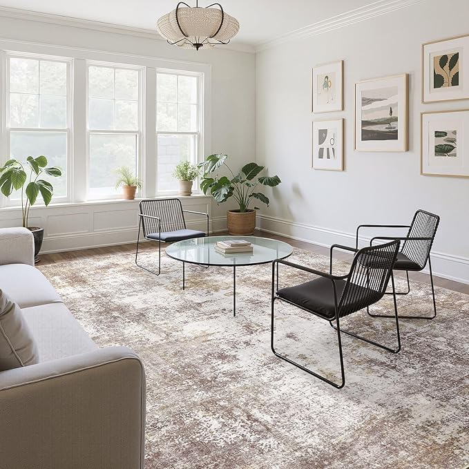 Washable 6X9 Area Rug: Modern Abstract Soft Non-Slip Indoor Rugs Home Decor - Low Pile Stain Resistant Foldable Carpet for Living Room Bedroom Dining Room Playroom(Golden Brown,6'X9')