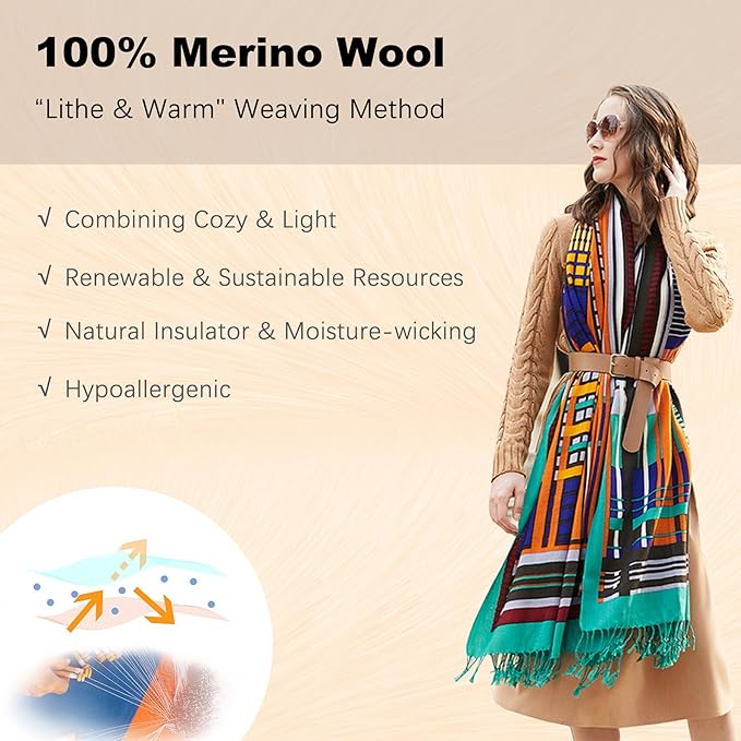 DANA XU 100% Merino Wool Pashmina Shawl for Women 96"x43", Oversized Cashmere Wrap with Tassels, Floral Travel Blanket Cape