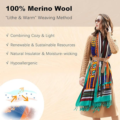 DANA XU 100% Merino Wool Pashmina Shawl for Women 96"x43", Oversized Cashmere Wrap with Tassels, Floral Travel Blanket Cape