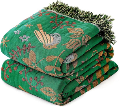 MSGKV Boho Throw Blanket 100% Cotton Green Blanket 90''x 98'' Double Sided Knit Blankets with Tassels Reversible Warm Soft Blanket Throw Blankets for Bed Sofa Living Room