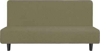 Easy-Going Stretch Futon Slipcover Armless Futon Bed Cover Furniture Protector Without Armrests with Elastic Bottom for Kids, Soft Jacquard Fabric Small Checks (Large, Khaki)
