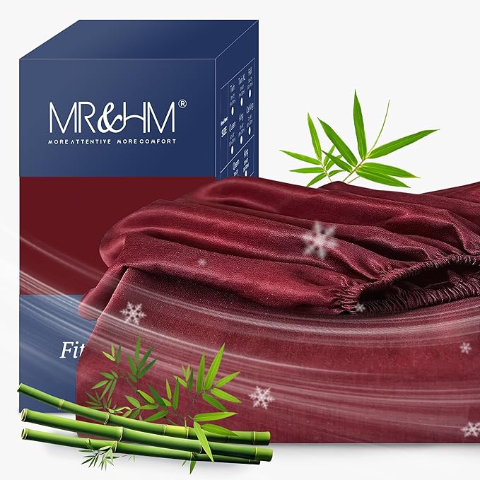 MR&HM Twin XL Fitted Sheet Only, Ultra-Soft Rayon Derived from Bamboo & Polyester Blend, Silky & Breathable, 15" Deep Pocket with Elastic Straps, Cooling Fitted Sheet for Hot Sleepers, Burgundy