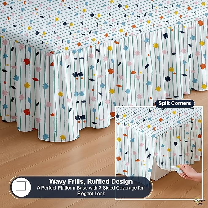 Cottington Lane Ruffled Bed Skirt King Size with Split Corner, Brushed Microfiber Hotel Quality Dust Ruffle, 14 Inch Drop Gathered Bedskirt, Soft, Stylish, Shrink & Fade Resistant, Ray of Flowers