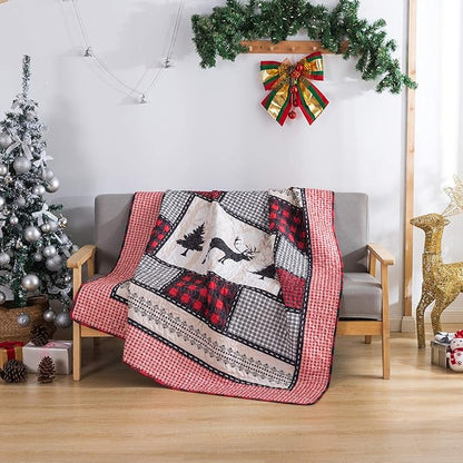 Soul & Lane Deer in The Pines 50" x 60" Lightweight Buffalo Plaid Blanket: Christmas Rustic Bedding Quilted Throw, Check Black and Red Quilt, Holiday Outdoor Coverlet, Lodge Winter Lap Comforter