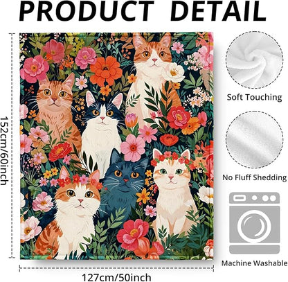 Cat Floral Blanket, Cottagecore Wildflower Flower Cats Throw Blankets for Home Bedroom Living Room Couch Bed Decor, Cat Mom Lady Lovers Gifts for Women, 50x60 Inch