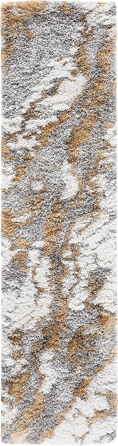 SAFAVIEH Horizon Shag Collection Runner Rug - 2' x 17', Grey & Gold, Modern Abstract Design, Non-Shedding & Easy Care, 2.6-inch Thick Ideal for High Traffic Areas in Living Room, Bedroom (HZN890D)