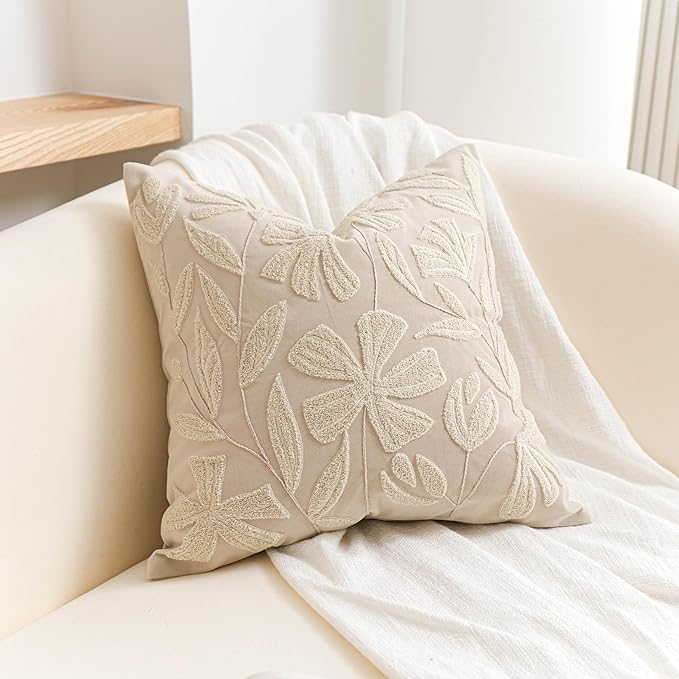 BlissBlush Light Beige Velvet Decorative Throw Pillow Cover 20X20, Neutral Floral Tufted Soft Farmhouse Textured Pillowcase, Accent Pillowcase for Couch Sofa Bed Living Room