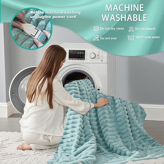 Heated Electric Blanket Throw, 6-Level Fast Heating, 4-Hour Auto-Off, Soft&Warm Stripe Faux Rabbit Fur, for Couch Home Office, with Overheating Protection & ETL Certified (Green, 50"X60")