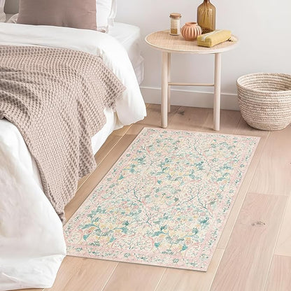 MUJOO 2x3 Washable Rug,Pink Floral Small Area Rugs for Bathroom Entryway Entry Bedroom Bedside,Boho Front Door Mat Indoor Entrance Throw Carpet Botanical Vintage Non Slip Ultra-Thin