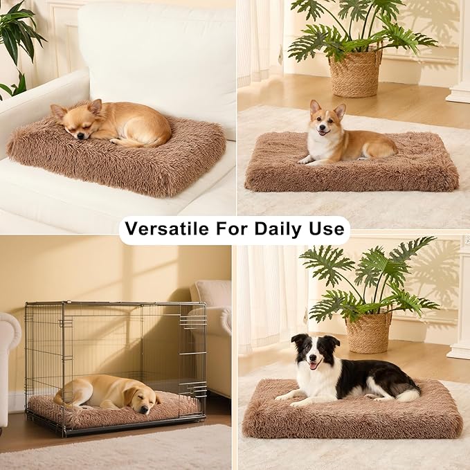 Fluffy Orthopedic Dog Beds for Medium Dogs with Washable Removable Cover Dog Crate Bed Egg Crate Foam Support Plush Pet Pad Mat with Anti-Slip Bottom(36 * 24,Khaki)