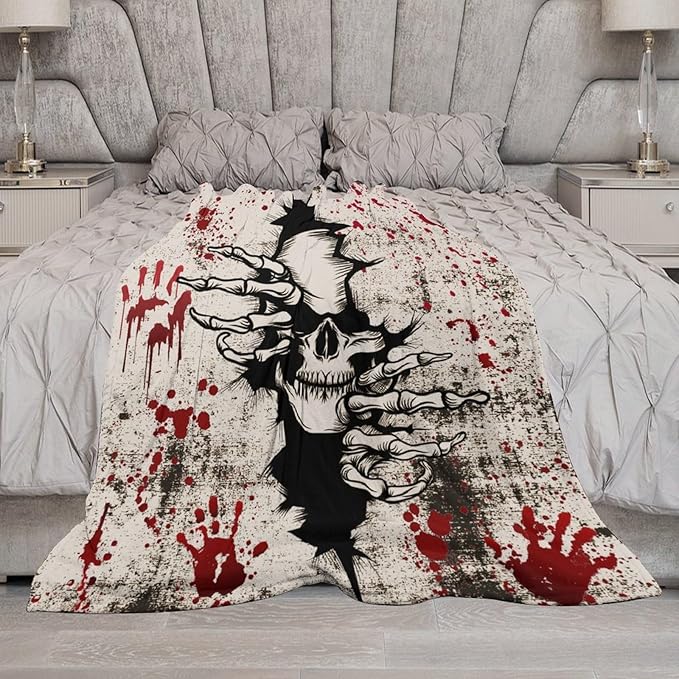 Horror Skull Throw Blanket, Halloween Day of The Dead Vintage Gothic Scary Blood Hand Soft Warm Fleece Blanket for Bed Couch Living Room All Season, 60"x80"