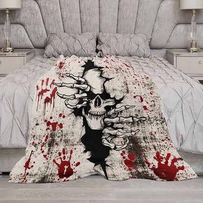 Horror Skull Throw Blanket, Halloween Day of The Dead Vintage Gothic Scary Blood Hand Soft Warm Fleece Blanket for Bed Couch Living Room All Season, 60"x80"
