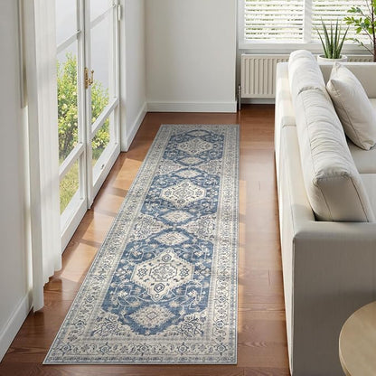 Lahome Oriental Hallway Runner Rug Non Slip, 2x8 Washable Runners for Hallways Kitchen, Vintage Non Skid Soft Long Carpet for Bedroom Bathroom Entryway, Blue