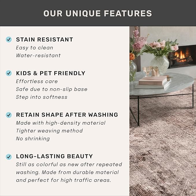 Rustic Brown Abstract 5x7 Rug for Bedroom - Office Rug for Home Office, Living Room, Taupe with red Accent, Washable, Non Slip & Soft, Medallion Indoor Décor