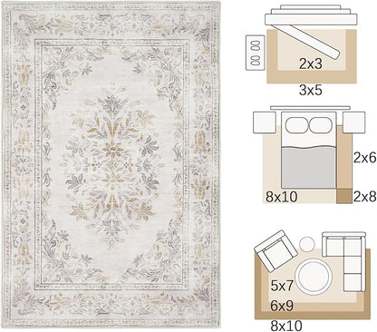 jinchan Vintage Floral 6x9 Area Rug for Living Room - Machine Washable Distressed Design Soft Throw Rug Ultra-Thin Non-Slip Large Carpet for Bedroom Nursery Dining Room Home Office (6x9ft, Light Grey)