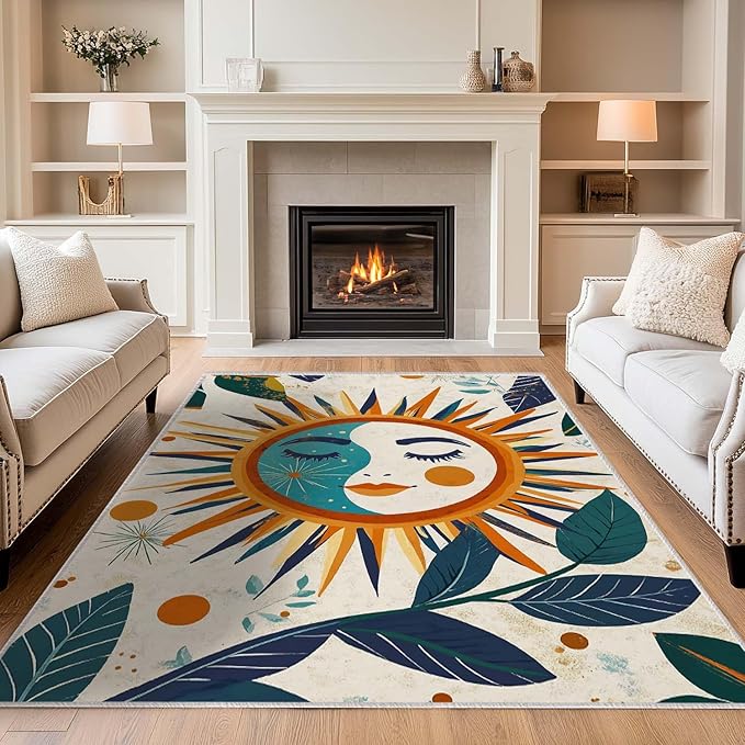 5x7 Sun and Moon Area Rug Leaf Orange Yellow Blue Beige Rug Non Slip Low Pile Large Carpet for Home Kitchen Living Room Bedroom Dining Room Office
