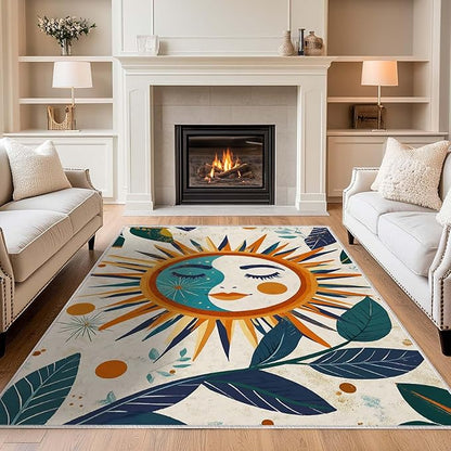 5x7 Sun and Moon Area Rug Leaf Orange Yellow Blue Beige Rug Non Slip Low Pile Large Carpet for Home Kitchen Living Room Bedroom Dining Room Office