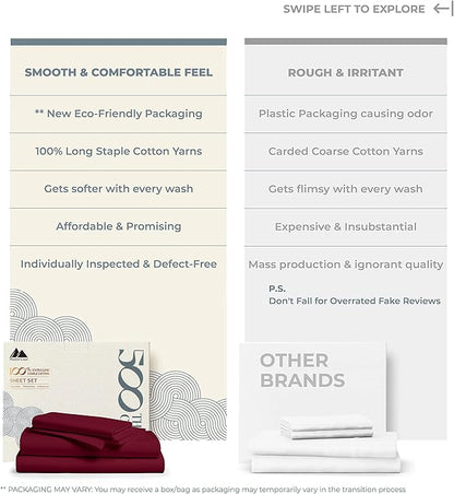 Mayfair Linen 500 Thread Count Full Cotton Sheets - 4 PC Full Size Bed Sheet Set Cotton (Burgundy), Soft, Cooling, Sateen Hotel-Quality 16" Deep Pocket Bedsheet for Hot Sleepers (Fits 18" Mattress)