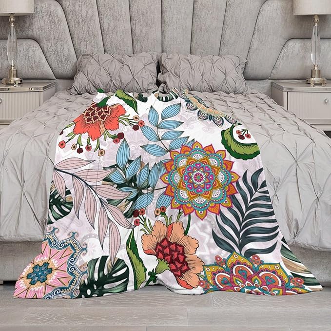 Boho Flowers Blanket for Women Girls, Rustic Bohemian Mandala Palm Leaves Plants Botanical Print Blanket for Bedroom Living Room Couch Sofa, 50"x60"