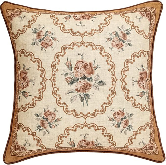 patdrea Designer Vintage Floral Throw Pillow Covers for Couch,Brown Yellow Linen Pillowcases with Bird and Rose Pattern, Decorative Square Cushion for Bed Living Room Outdoor Cafe Car,18"x18"