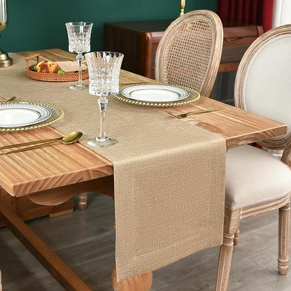 NEWISHER Farmhouse Rustic Table Runner Solid Flaxen Rectangular Table Runners Faux Linen Table Runner for Everyday Use Kitchen Dining Party Table 13x72 Inch