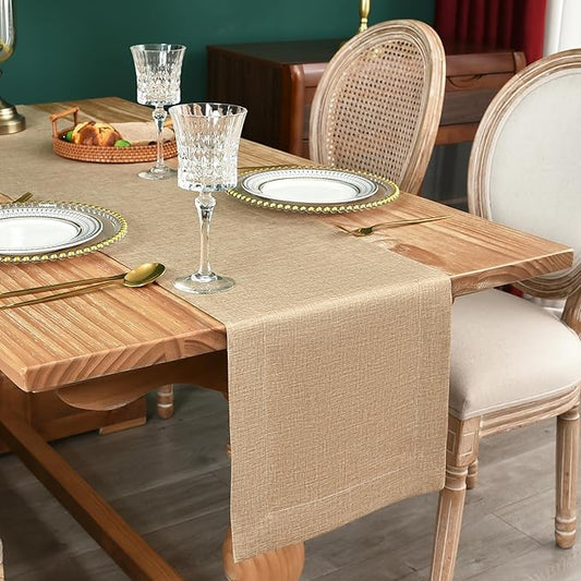 NEWISHER Farmhouse Rustic Table Runner Solid Flaxen Rectangular Table Runners Faux Linen Table Runner for Everyday Use Kitchen Dining Party Table 13x72 Inch