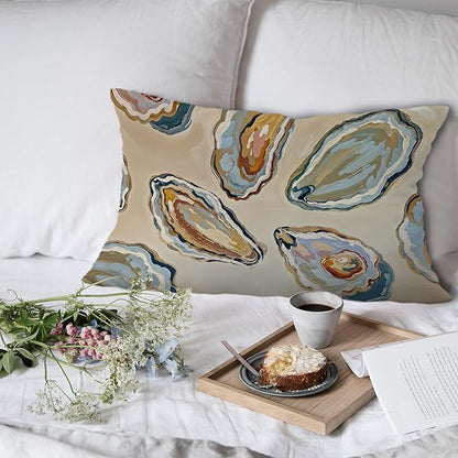 Abstract Oyster Coastal Beach Pillow Covers 12x20 Set of 2, Beachy Room Decor Aesthetic, Retro Coastal Ocean Oyster Shell Decorative Lumbar Pillow Covers for Home Bedroom Living Room