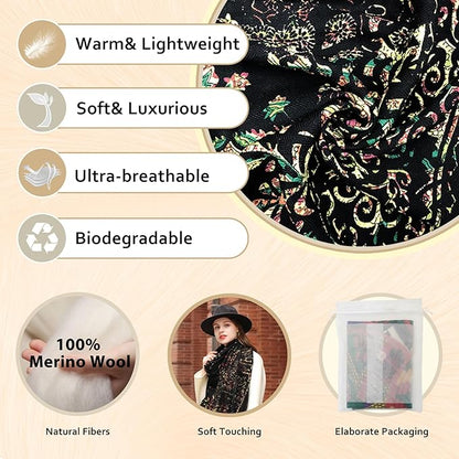 DANA XU 100% Merino Wool Pashmina Shawl for Women 96"x43", Oversized Cashmere Wrap with Tassels, Floral Travel Blanket Cape