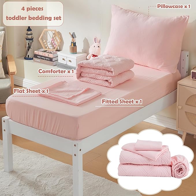 4 Piece Toddler Bedding Set for Girls Pink Geometric Stitched Soft Microfiber Crib Bed Sheets Set Lightweight Quilted Comforter Set for Baby | Include Comforter, Flat Sheet, Fitted Sheet, Pillowcase