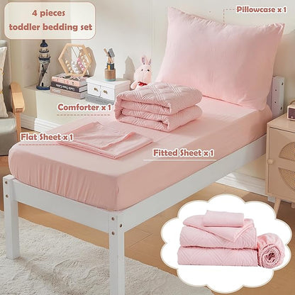 4 Piece Toddler Bedding Set for Girls Pink Geometric Stitched Soft Microfiber Crib Bed Sheets Set Lightweight Quilted Comforter Set for Baby | Include Comforter, Flat Sheet, Fitted Sheet, Pillowcase
