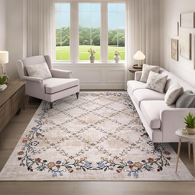 GarveeHome 8x10 Washable Floral Area Rugs for Living Room: Modern Floral Non Slip Large Area Rugs for Bedroom, Large Machine Washable Living Room Low Pile Carpet with Non-Slip Backing Beige 8'x10'.