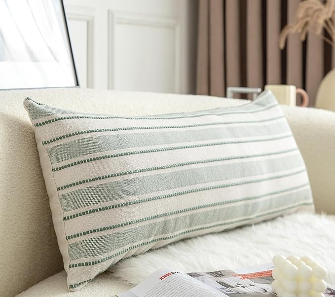 Decorative Boho Lumbar Pillow Covers, Modern Farmhouse Couch Pillowcase, 14 x 36 Long Accent Body Throw Pillow Covers, Sofa Bed Living Room Decor Cushion Case, Green and Beige, Pack of 1